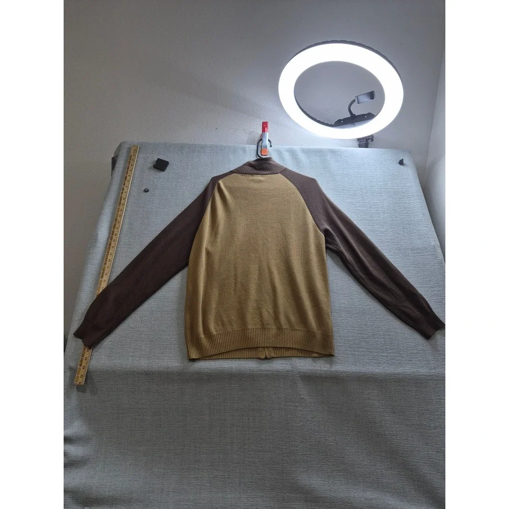 Mossimo Cardigan Sweater Mens Large Brown Tan Tight Knit Raglan Sleeve Full Zip